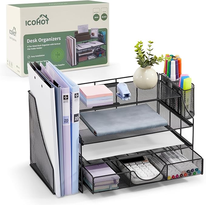 Desk Organizers and Accessories, 4 Tier Paper Letter Tray Organizer Holder Desk Organization with Drawer, Mesh Desktop Organizer with Vertical File Holder Workspace Accessories for Office Supplies