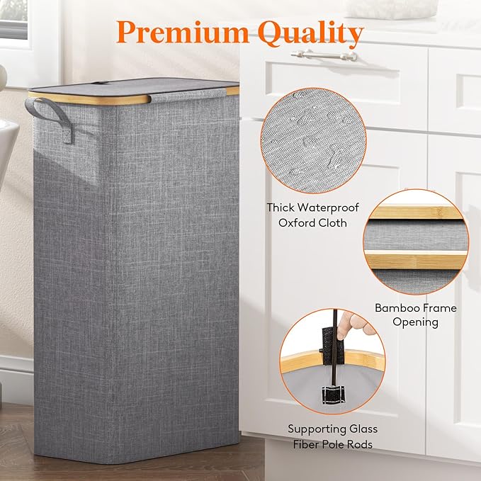 Lifewit 75L Slim Laundry Hamper with Lid, Narrow Laundry Basket with Removable Bag & Bamboo Handles, Fodable Thin Dirty Clothes Hamper for Laundry Collapsible Bin for Bathroom Bedroom Dorm, Gray