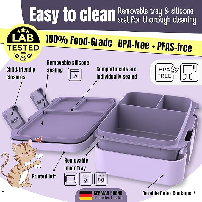 BEARFOOT Kids Lunch Box with Compartments – Compact & Lightweight | Leak-Proof, BPA-Free, Dishwasher & Microwave Safe | Hand-Drawn Design for Preschool, School, Travel (Dog & Cat Purple, 2.75 Cups)