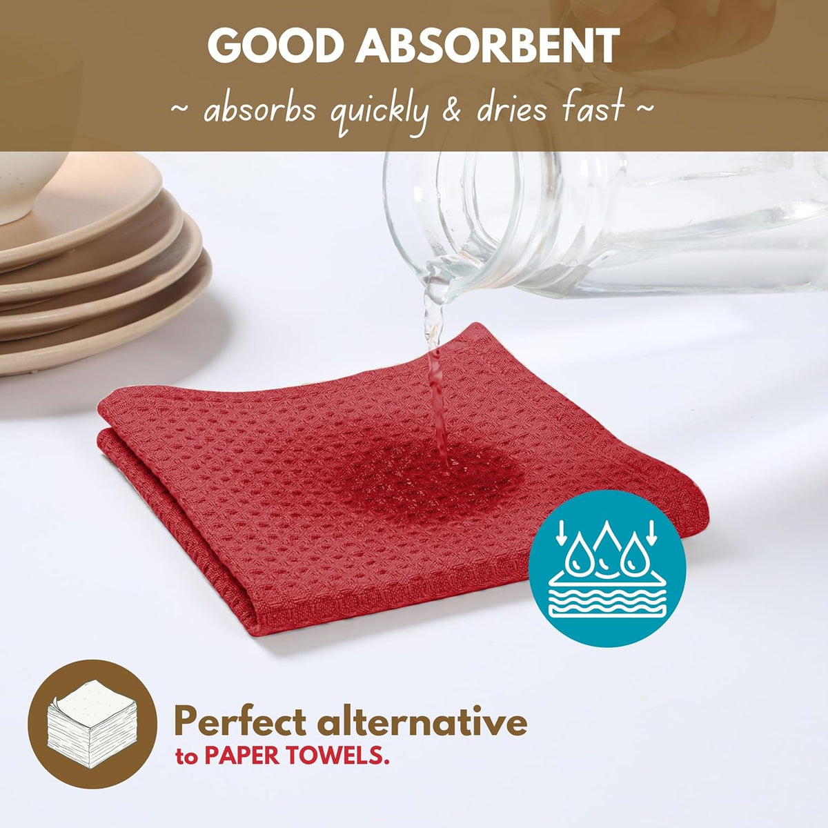 Native Fab Waffle 12 Pack 100% Cotton Easter Kitchen Dish Towels 16x26 Absorbent Durable Washable, Tea Towels, Dish Cloths, Bar Towels, Cleaning Towels, Kitchen Towels with Hanging Loop, Red