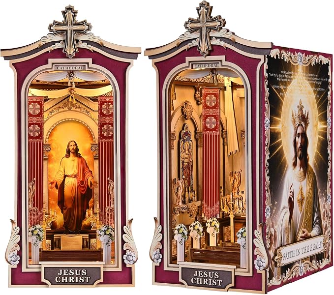 Book Nook DIY Kit,3D Wooden Puzzle with LED Bookend Bookshelf Decoration,Miniature Doll House for Home Decor, Jesus Christ Spiritual Gift,Cathedral