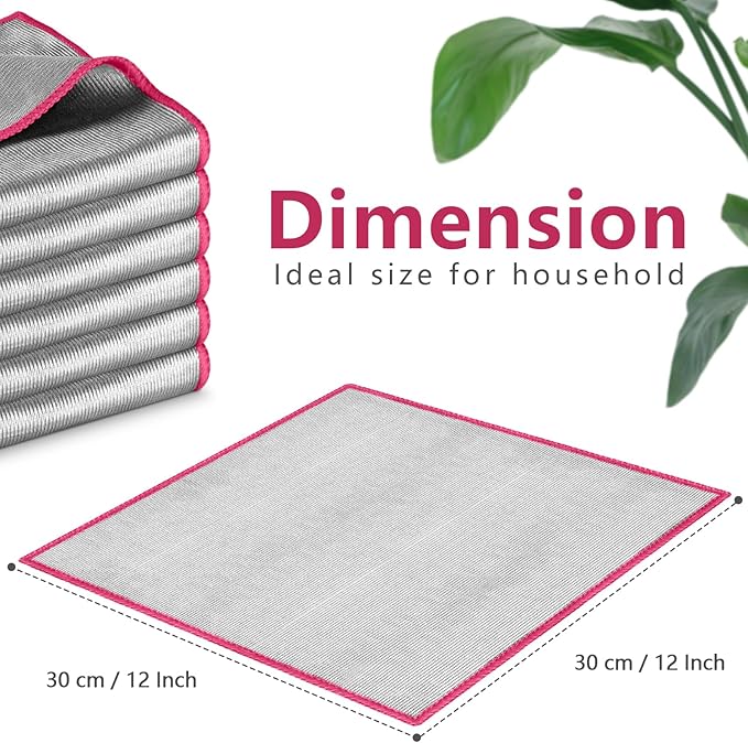 Airlab Glass Polishing Cloth Streak Free Miracle Microfiber Cleaning Cloth Lint Free Cleaning Rags for Glasses Kitchen Dish Mirrors Easy Clean, Pack of 6, 12" x 12", Sliver-Pink