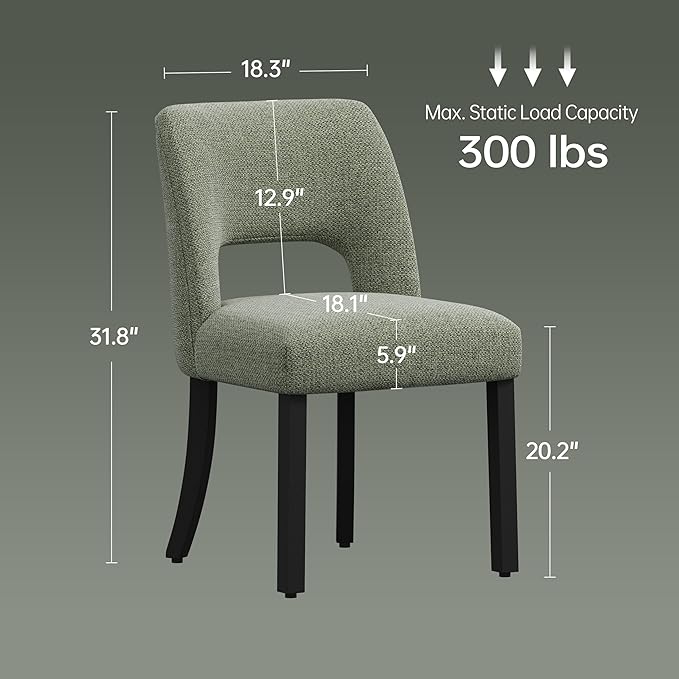 keoni Wooden Dining Chairs Set of 4, Mid Century Modern Upholstered Dining Room Chairs with Black Wood Legs, Fabric Farmhouse Kitchen Chairs with Foot Pegs for Dining Room, Green