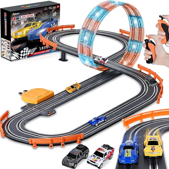 Slot Car Race Track Sets with 4 Slot Cars, Ideal Birthday Xmas Gifts Toys for Kids Boys Ages 6 7 8-12, Battery or Electric Race Car Track Set with Dual Racing Game, Flash Circular Track, Lap Counter