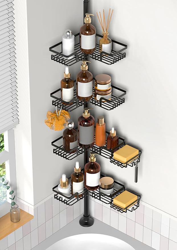 Tension Pole Shower Caddy 5x Stability, Adjustable Floor to Ceiling Shower Organizer, Standing Shower Tension Rod Shelves, 4 Tier Storage Shelves with 2 Soap Holders/Hanging or Adhesive, 25in-114in