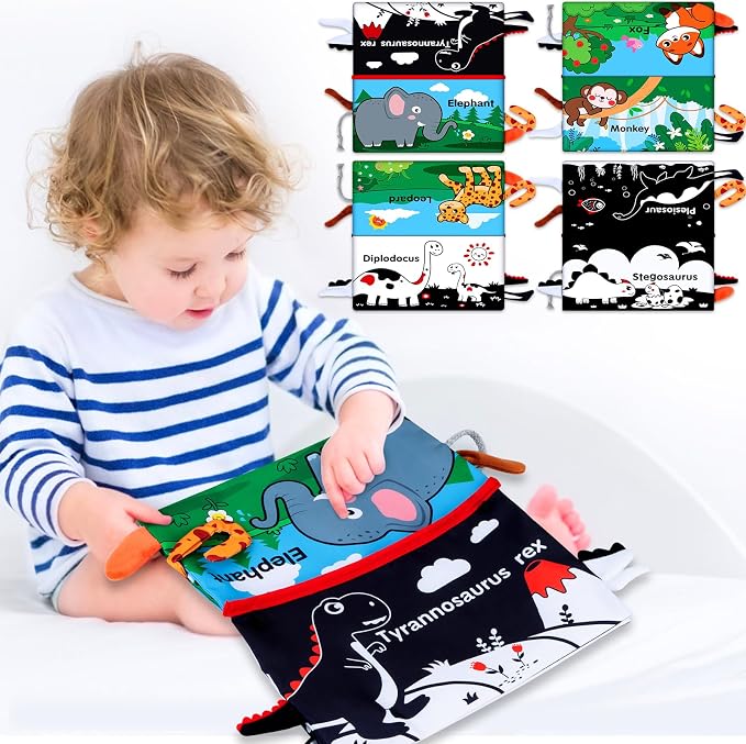 Aboosam Tummy Time Baby Mirror Toys 0-6 6-12 Months - Montessori Infant Toys Brain Development with Crinkle Cloth Book and Teether - High Contrast Newborn Sensory Toys for Babies Boys Girls Gifts