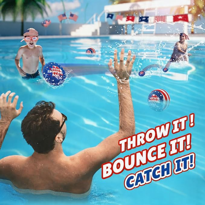 Water Bouncing Ball, 4th of July Splash Skip Water Balls for Fly Swimming Pool Games, 3 Pack Colorful Skipping Balls for Kids 4-8-12 and Adult, Summer Toys Gifts Independence Day Water Party