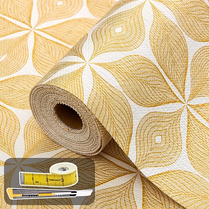 Shelf Liners for Kitchen Cabinets 23.62in x 39.5FT, Non Adhesive Cabinet Liner Strong Non-Slip Golden Leaf Drawer Liner, Easy to Clean for Shelf, Cabinet with Knife and Tape Measure