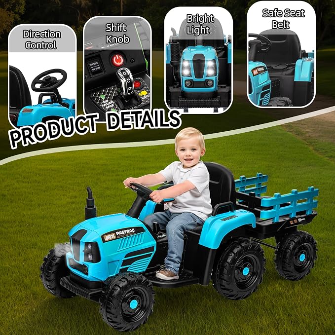 24V Ride on Tractor with Trailer, Electric Tractor Toy for Kids, 400W Toddler Ride On Toy W/Remote Control, Kid's Electric Car with 3 Speed Adjustable, MP3, Bluetooth, LED Light, Blue