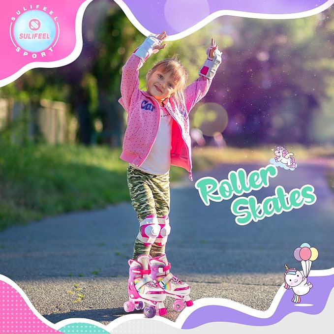 SULIFEEL Rainbow Unicorn 4 Size Adjustable Roller Skates for Girls Boys for Kids Ages 3-5 5-8 6-12 Children Skates Indoor Outdoor