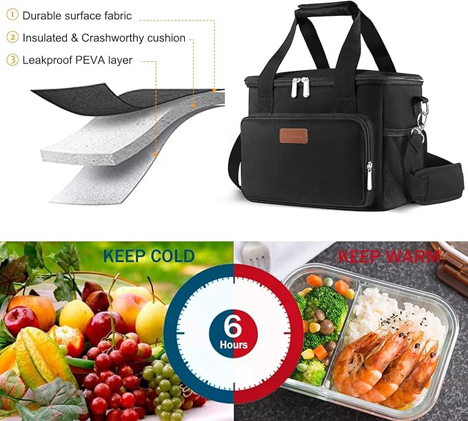 Femuar Lunch Bags for Women/Men, Insulated Lunch Bag for Work Office Picnic - Large Lunch Cooler Bag Leakproof Lunch Box with Adjustable Shoulder Strap for Adults - Black(15L)