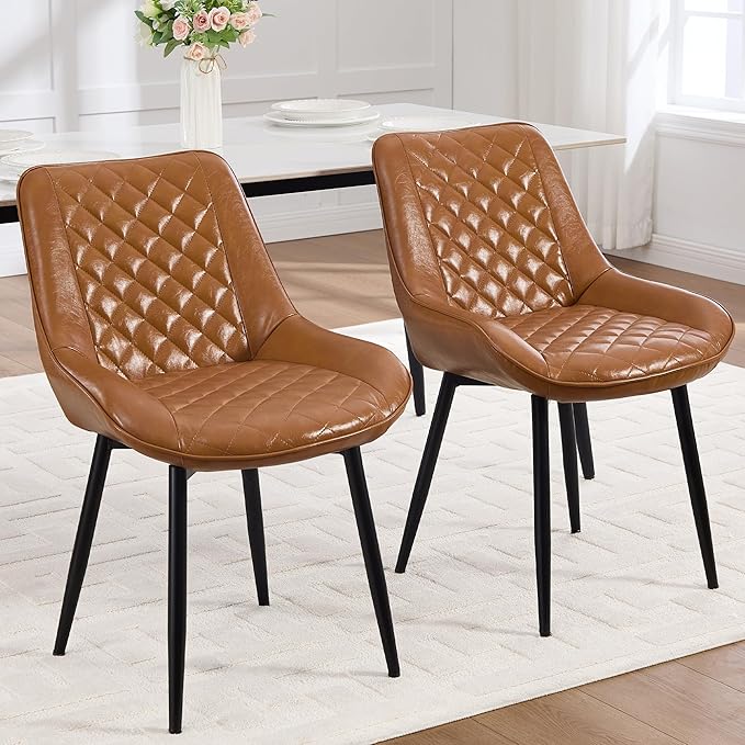 Dining Chair Set of 8, Modern Dining Chairs with Thick Cushions, Faux Leather Upholstered Kitchen Dining Room Chairs with Metal Adjustable Legs for Dining Living Room, Brown