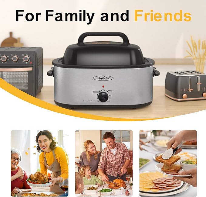 Sunvivi 26lb 22-Quart Roaster Oven, Electric Roaster Oven with Viewing Lid, Turkey Roaster with Unique Defrost/Warm Function, Large Roaster with Removable Pan & Rack, Stainless Steel, Silver