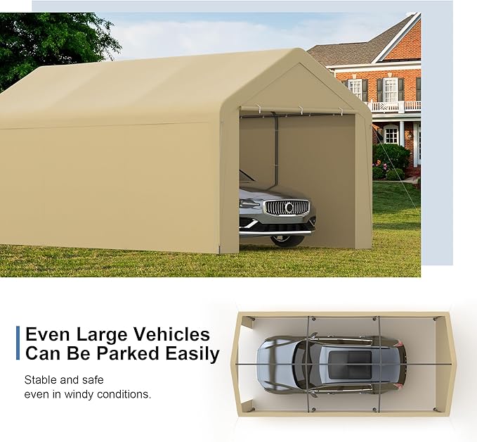 Carport, 10‘ x 20’ Heavy Duty Portable Garage All-Season Car Canopy w/Removable Sidewall & Doors, Carport Canopy Party Tent w/Water-Resistant Tarp for Backyard (Yellow, 10‘ x 20’)