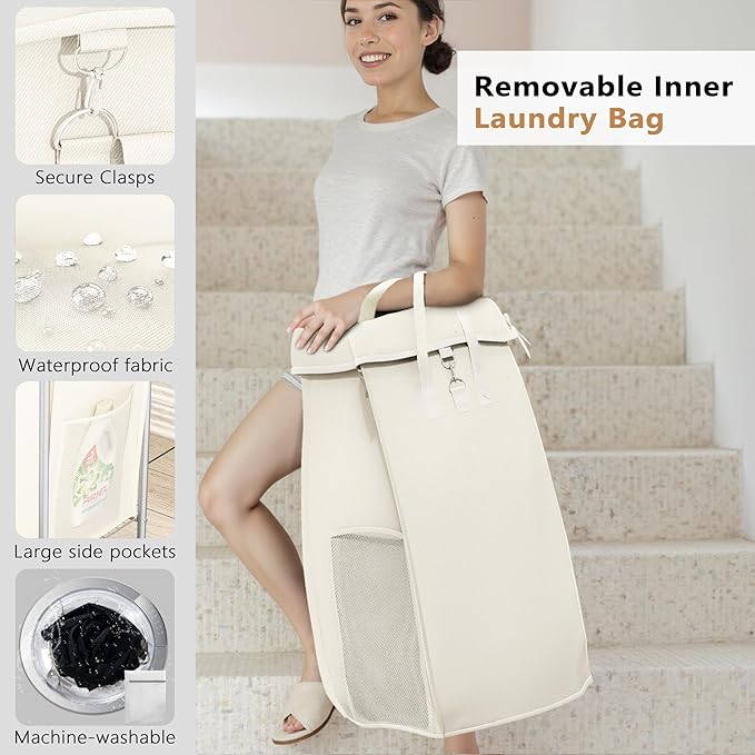 110L Large Laundry Hampers, Oxford Fabric Laundry Hampers Clothes Hampers, Metal Frame and Removable Bag Design with Wheels, Suitable for Bedroom, Bathroom, Dorm Room, Laundry Room (Silver Beige)