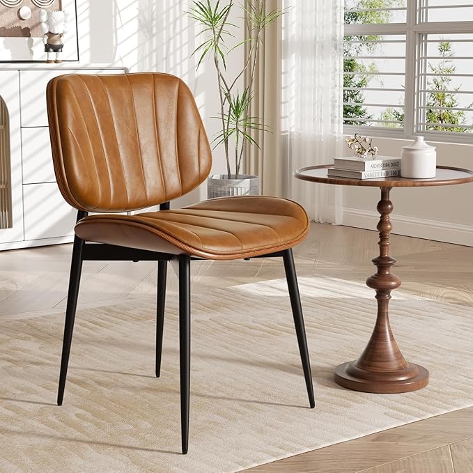 Dining Chairs Set of 2, Mid Century Modern Dining Room Chair, Upholstered Faux Leather Kitchen Chairs with Walnut Bentwood Back and Metal Legs for Kitchen Dining Room Living Room, Brown