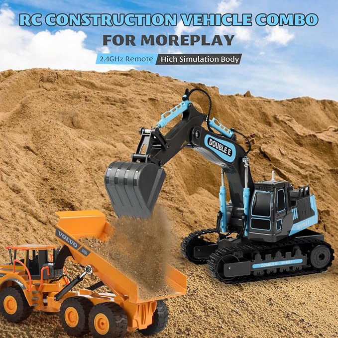 DOUBLE E Remote Control Excavator Toy RC Excavators Rechargeable Battery Digger Hydraulic Construction Toys Vehicles Xmas Gift for Boys Girls Kids 3-14 Years，Gray-Blue