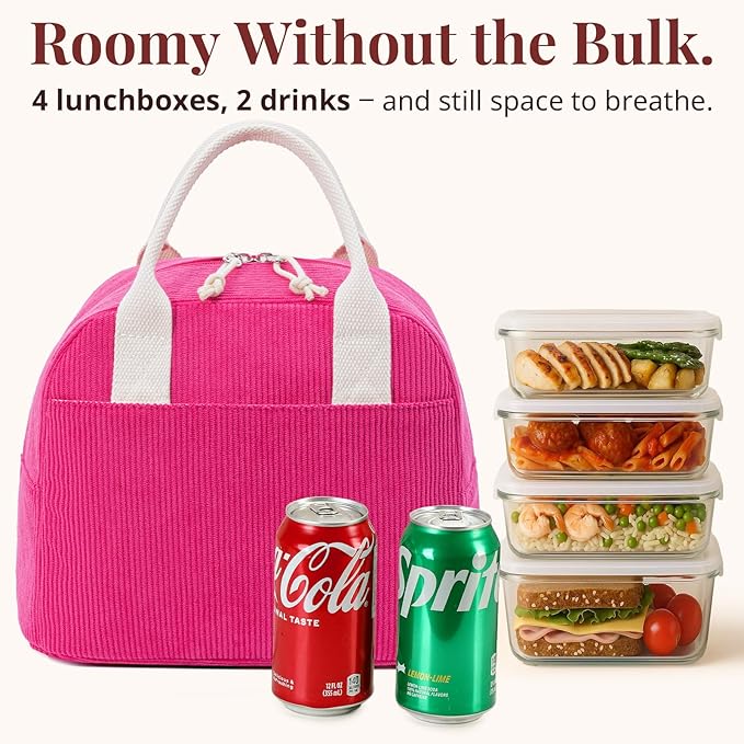 Insulated Lunch Bag for Women Men, Stylish Corduroy Tote Bag with Aluminum Lining, Large Capacity Reusable Cooler for Work, Travel, or Beach, Berry Red Lunch Box