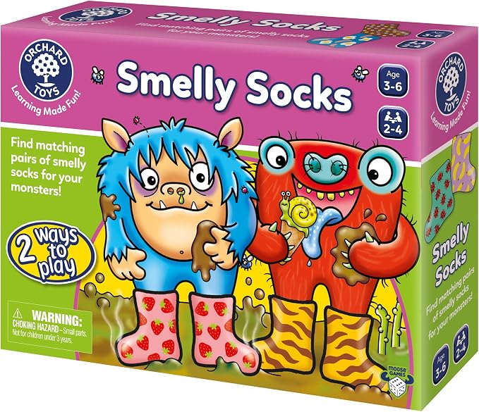 ORCHARD TOYS Moose Smelly Socks Game. Find Matching Pairs of Socks for Your Monsters! for Ages 3-6 and 2-4 Players