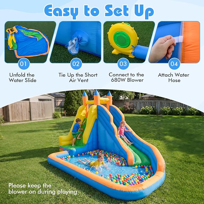 Costzon Inflatable Water Slide, Giant Bouncy Waterslide Park for Kids Backyard Outdoor Fun w/ 680w Blower, Climbing Wall, Splash Pool, 2-pcs, Blow up Water Slides Inflatables for Kids Party Gift