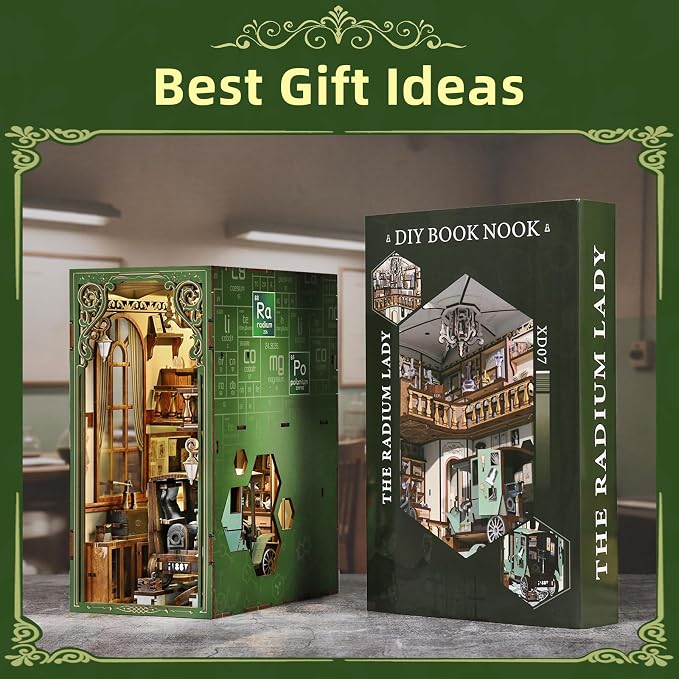 MiniCity Book Nook Kitwith Dust Cover and LED Light, 3D Wooden Puzzle Bookend Bookshelf Insert Decor for Teens and Adults-The Radium Lady