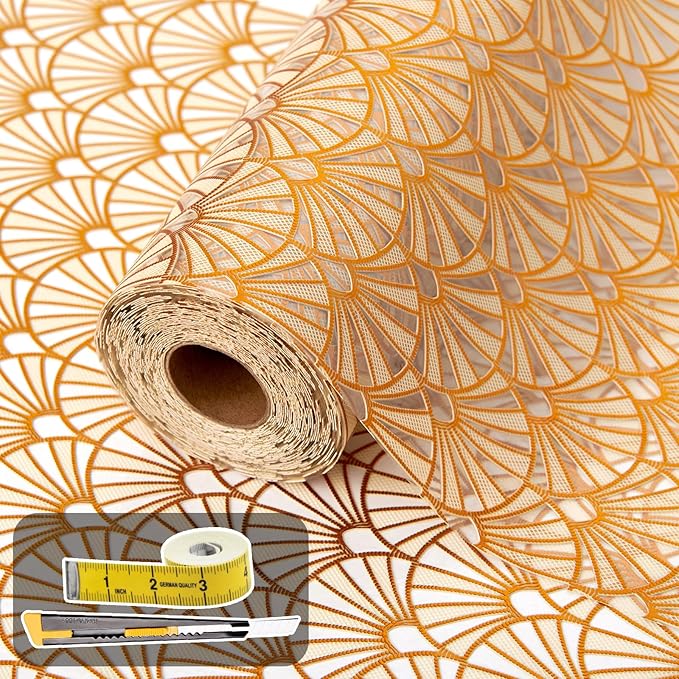 Drawer and Shelf Liner for Kitchen Cabinet: 17 in X 30 Ft Waterproof Shelf Paper Non Adhesive Refrigerator Liners Golden Ginkgo Leaf Easy Liners for Bathroom with Knife Tape Measure