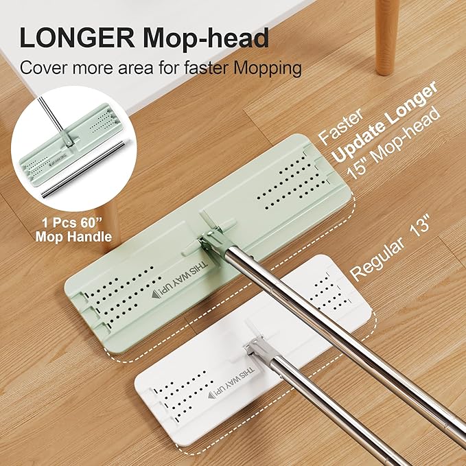 JOYMOOP Mop and Bucket with Wringer Set, Flat Squeeze Mop with Bucket (X-Large), Dust Mop for Wall Cleaner with Long Handle, Microfiber Mop - Green Bucket with 3 Reusable 15" Pads