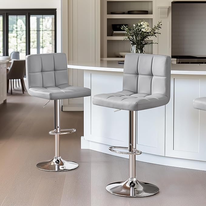Yaheetech Bar Stools Set of 2, PU Leather Adjustable Barstools, Modern Counter Stools with Back and Footrest, Counter Height Barstools for Bar, Kitchen, Dining Room, Light Gray