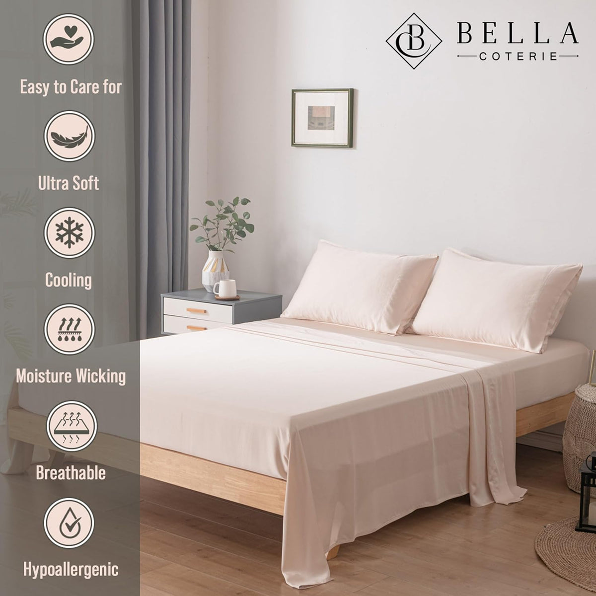 Bella Coterie Luxury Bamboo Viscose Cal King Size Sheet Set | 100% Organically Grown | Ultra Soft | Cooling for Hot Sleepers | 18" Deep Pocket [Champagne]