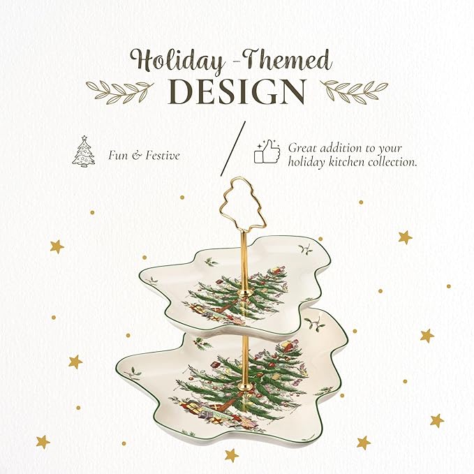 Spode Christmas Tree 2-Tiered Server, Tree-Shaped - Holiday Cupcake Stand, Dessert Display Set, Porcelain Serving Platter, 10" & 8" Plates, Dishwasher Safe Serveware for Appetizers, Desserts, Cookies