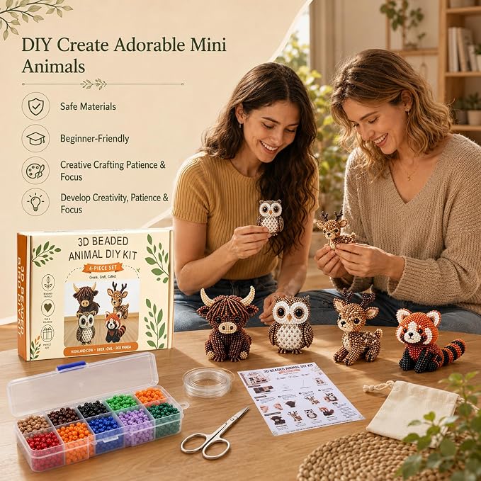 BLOWADM 4Pcs DIY 3D Animal Bead Embroidery Kit,Bird Beading Crafts with Instructions,Cute Bead Art Handmade Bird Gift for Beginners & Craft Enthusiasts