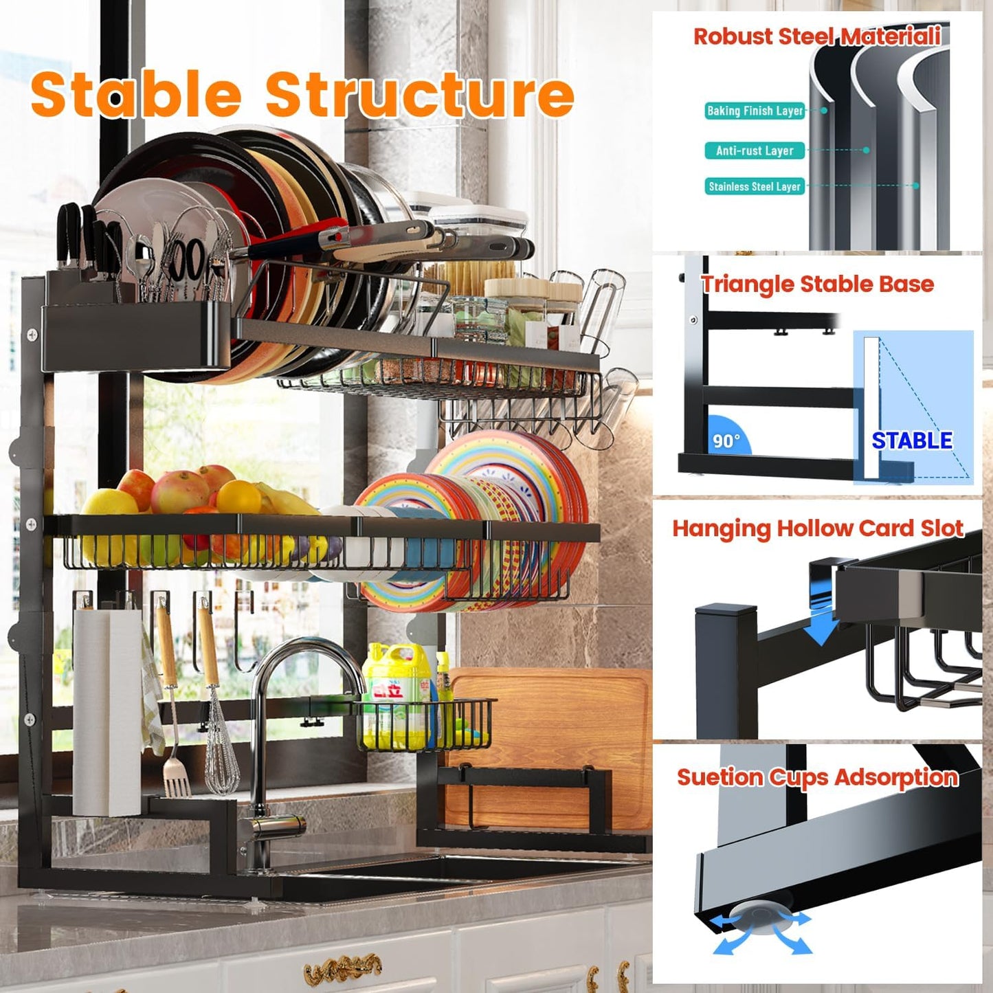 Over Sink Dish Drying Rack (Expandable Height/Length) (31-39.5L x 12W x 34-38H inches) Snap-On Design Large Dish Drainer Storage Counter Organizer