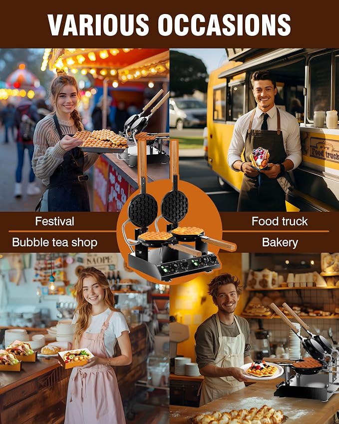 PYY 2-Head Bubble Waffle Maker - 3100W Commercial Hong Kong Egg Waffle Maker,180° Rotate, Non-Stick Plate, 50-250℃ Adjustable Temp, Bubble Waffle Machine for Commercial Use, 110V, Black