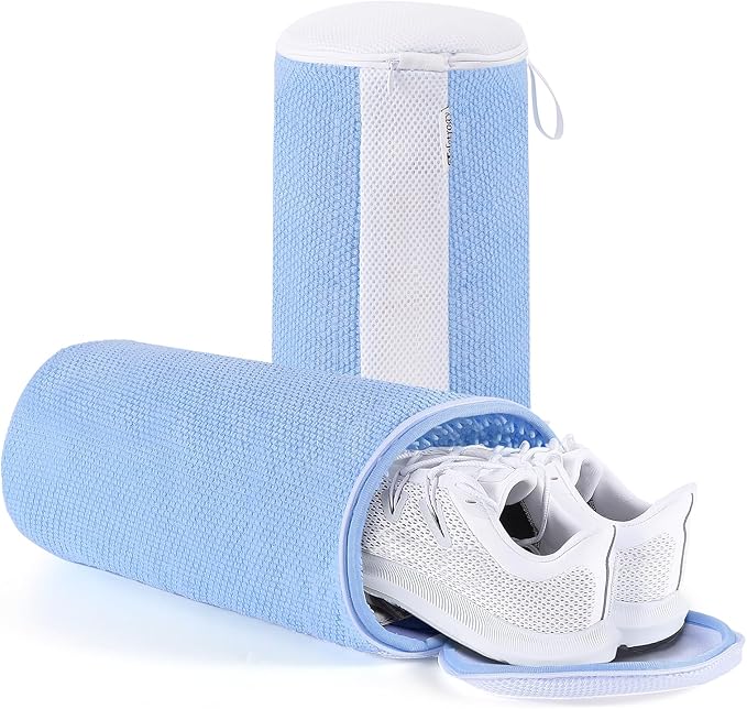 Shoe Washing Machine Bag 2Pcs - Reusable Laundry Bags for Washer & Dryer, 360° Deep Clean & Large Size Plush Fibers for Sneakers, Tennis Shoes, Kids Footwear, Durable Invisible Zipper (Blue)
