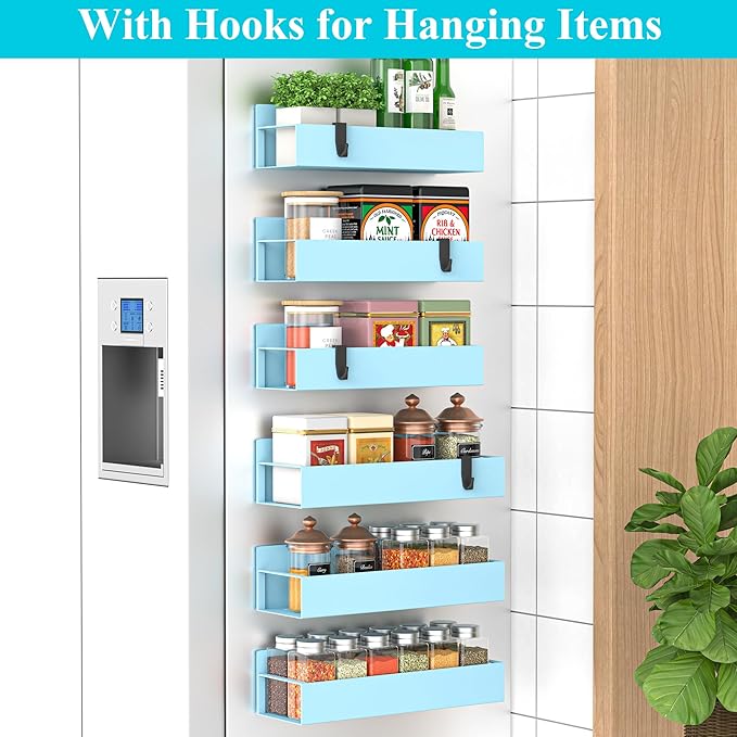 6 Pack Magnetic Spice Storage Rack Organizer for Refrigerator and Oven, Blue Fridge Organizers and Storage