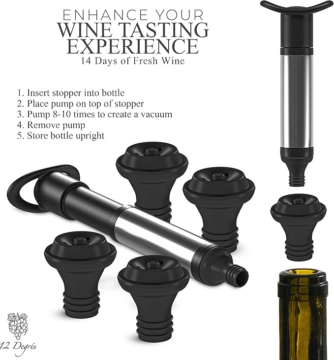 Wine Chiller Set - Perfect Wine Gifts for Women & Men - Stainless Steel Insulated Wine Cooler with Wine Pump, Aerator & 4 Stoppers (Silver)
