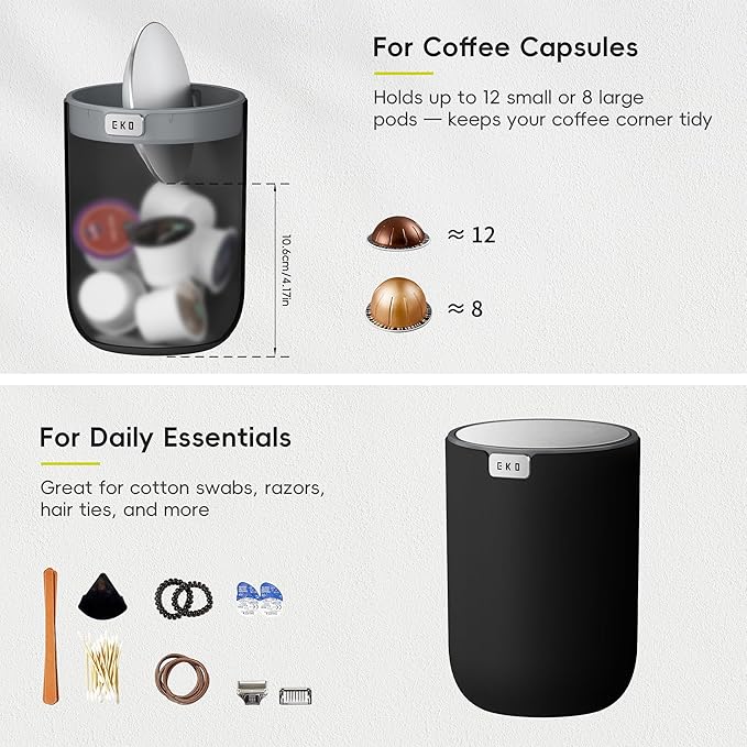 EKO Mini Desk Trash Can with Swing-Top Lid 0.4 Gallon Small Table Round Wastebasket for Office, Home, Car (Black)