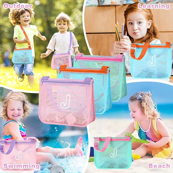 3Pcs Personalized Kids Beach Shell Bag, Initial Seashell Mesh Zipper Beach Pouch, Shell Collecting Bag for Holding Shells with Adjustable Straps, Sand Toys Swim Pouch Gift for Girl Boy Teens(Letter J)
