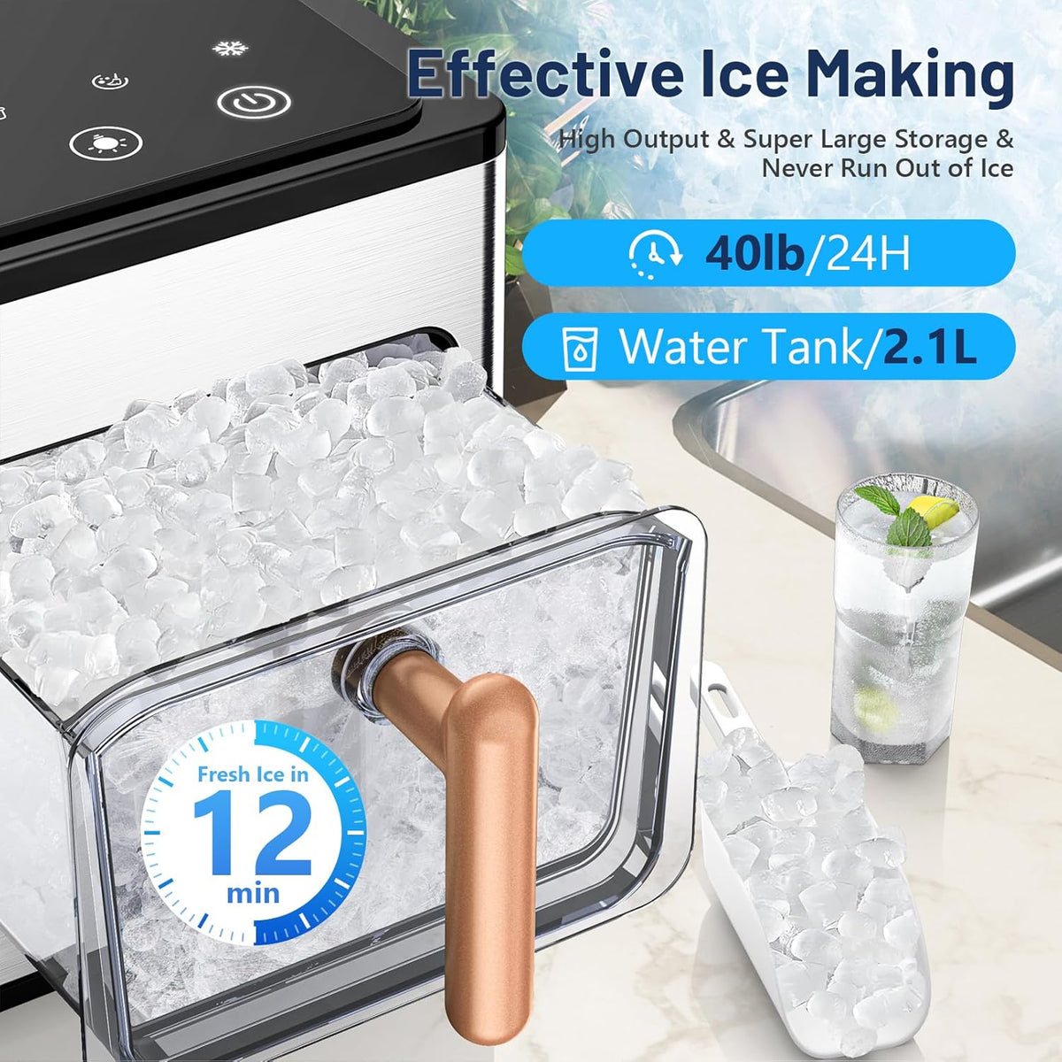Nugget Ice Maker Countertop, 40lbs/24H, Pebble Ice Maker with Soft Chewable Ice, Self Cleaning Sonic Ice Machine, Stainless Steel w/Touch Screen for Home Office Bar Party- Silver