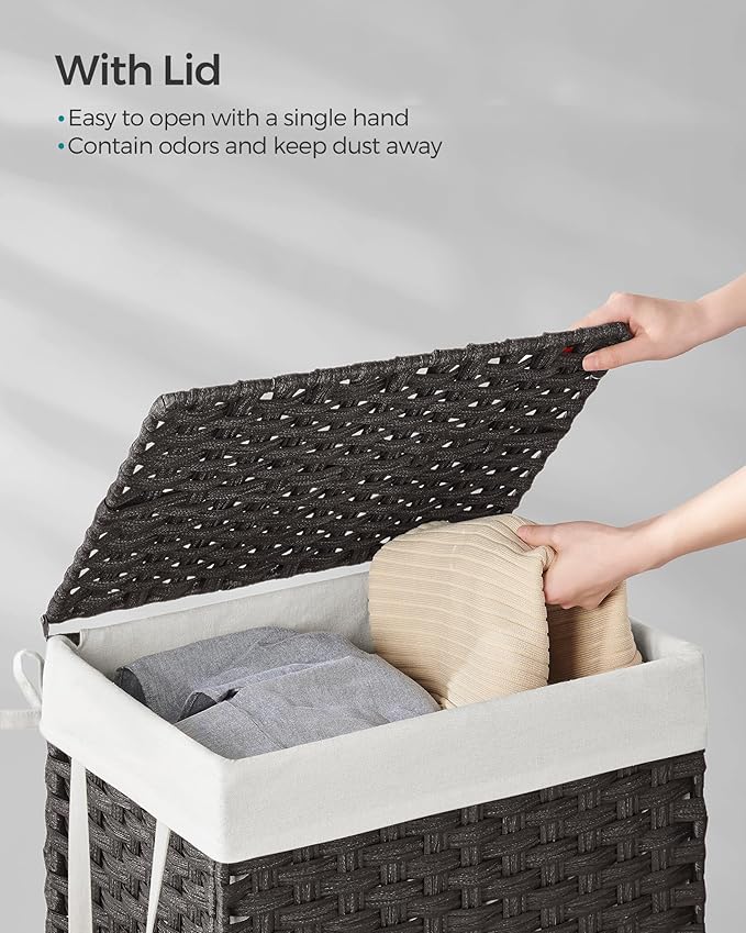 SONGMICS Laundry Hamper with Lid, 23.8 Gallon (90 L) Synthetic Rattan Clothes Laundry Basket with Lid and Handles, Foldable, Removable Liner, Black ULCB51BK