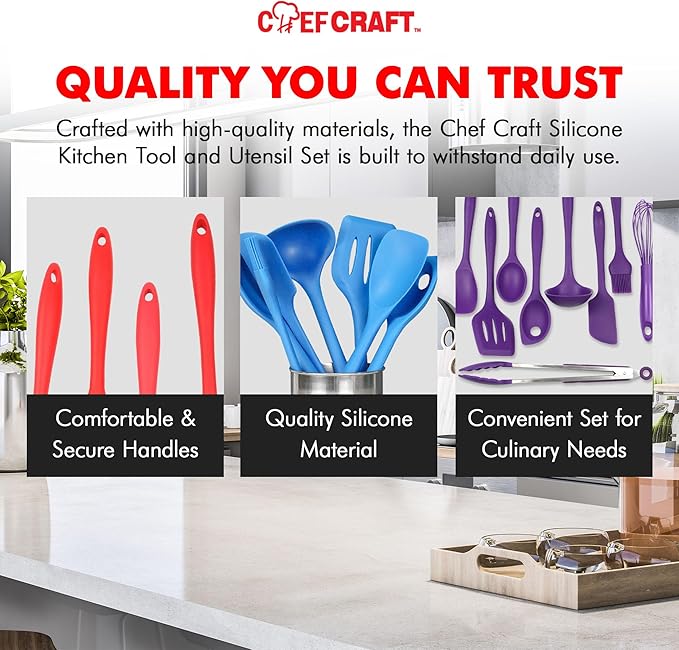 Chef Craft Premium Silicone Kitchen Tool and Utensil Set, 9 Piece, Purple