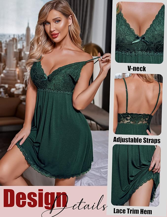 Avidlove Women Nightgown Sexy Sleepwear Lace Chemise V-neck Modal Babydoll Lounge Dress