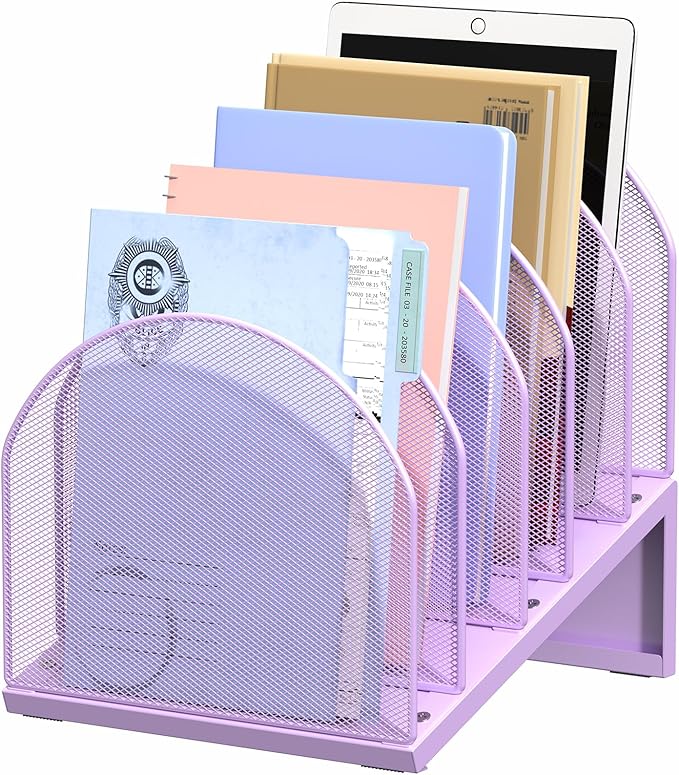 5-Section Desk File Organizer, Metal Mesh Folder Organizer for Documents, Mail & Office Papers (Purple)