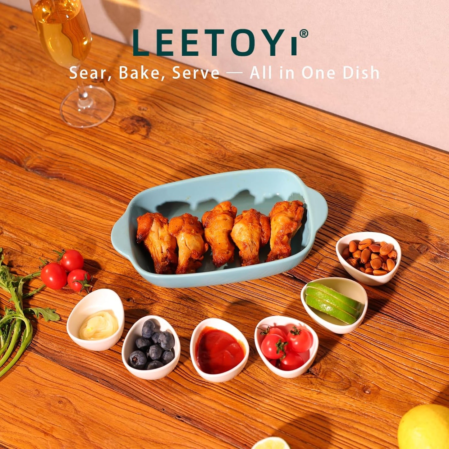LEETOYI Ceramic Small Baking Dish, Porcelain 2-Piece Rectangular Bakeware with Double Handle, Baking Pans for Cooking and Cake Dinner 7.5"×5 (Turquoise)