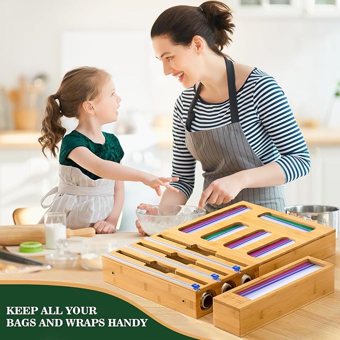 Calmbee 9 IN 1 Storage Bag Organizer for Kitchen Drawer, Bamboo Foil and Plastic Wrap with Cutter, Organizers Compatible Gallon, Quart, Sandwich Snack Size