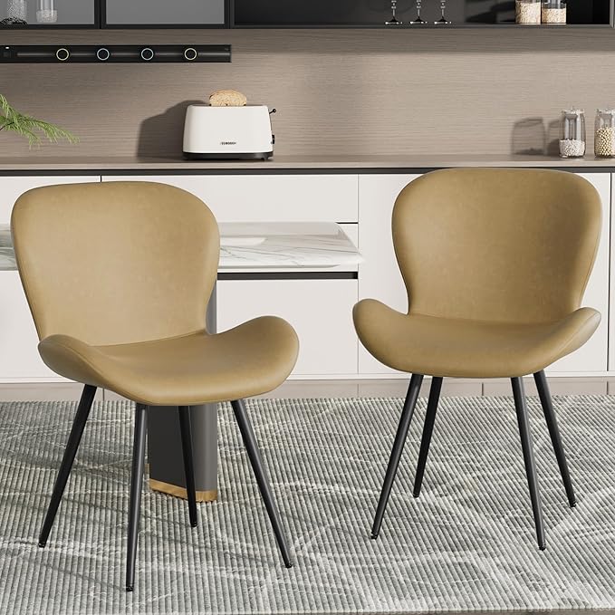 Nalupatio Dining Chairs Set of 2, Modern Dining Room Chairs Comfy Backrest Thick Upholstered Kitchen Chairs 19IN Height with Metal Legs Beige（Pu Leather）