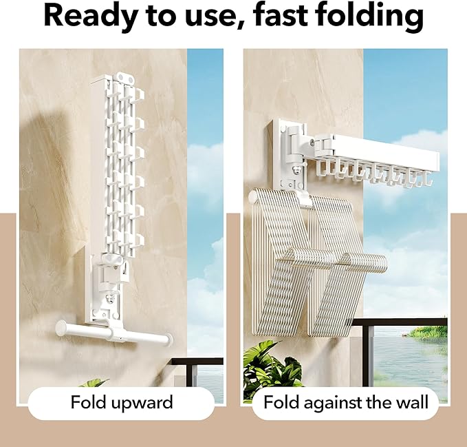 Wall Mounted Clothes Hanger,Clothes Drying Rack,Laundry Drying Rack,Clothes Rack Wall Mount,Drying Rack Clothing,Retractable,Collapsible,can Fold Upward & Left & Right (Upgrade-White)