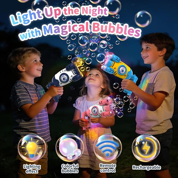 Bubble Gun for Kids, Automatic Rocket Bubble Machine, Handheld & Bicycle Use, Rechargeable Bubble Blower with Solution & LED Light, Summer Outdoor Toy, Gift for Boys Girls Age 3 4 5 6 7 8-12 (Pink)