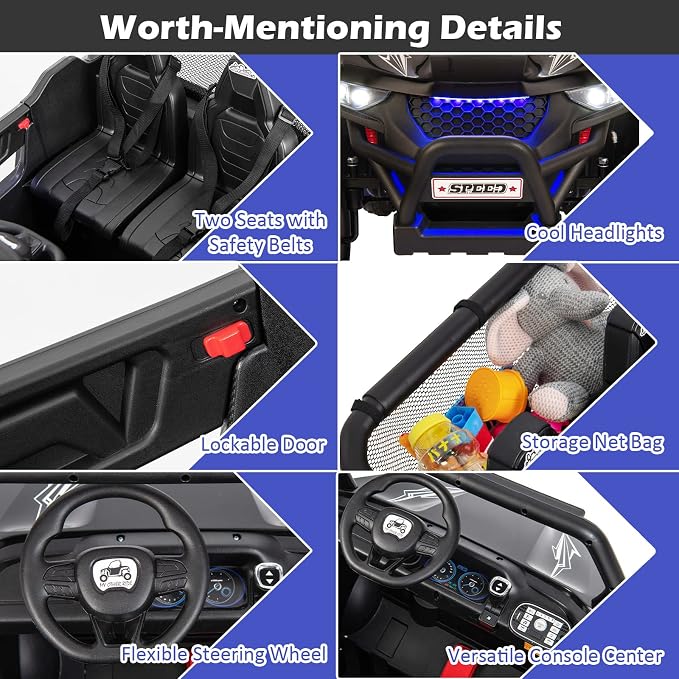 Costzon 2-Seater Ride on Car for Kids, 12V Kids' Electric Vehicles w/Remote Control, 4 Shock Absorbers, Wireless Music & FM, 3 Speeds, Ambiance Lights, Electric UTV, Kid Car Toy for Boys, Girls(Black)