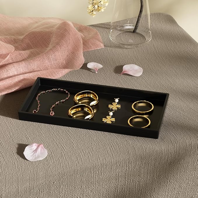 Vanity and Bathroom Tray, 9.8" ABS Countertop Organizer,Waterproof Vanity Tray for Toilet Tank,Perfume,Soap,Keys,Bathroom Accessories,Kitchen and Bath Trays,Non Slip Small Trays,Black